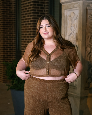 “Arielle" Cropped Shirt in Cocoa Shimmer Mesh