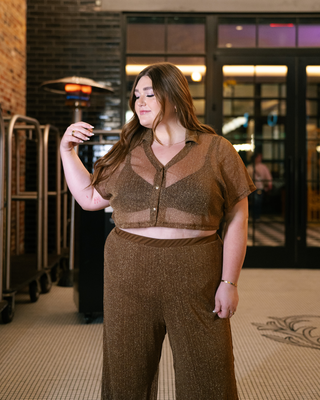 “Arielle" Cropped Shirt in Cocoa Shimmer Mesh
