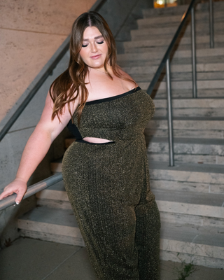 “Megan" Cut-Out Jumpsuit in Black Shimmer Mesh