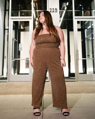 “Megan" Cut-Out Jumpsuit in Chocolate Shimmer Mesh