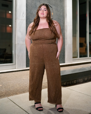 “Megan" Cut-Out Jumpsuit in Chocolate Shimmer Mesh