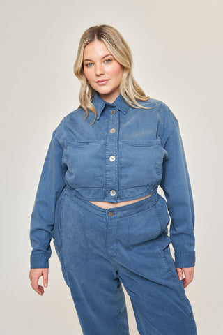 Drew Cotton Tencel Crop Jacket in Slate Blue