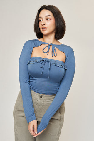 Isabelle Tie-Front Shrug in Denim Blue