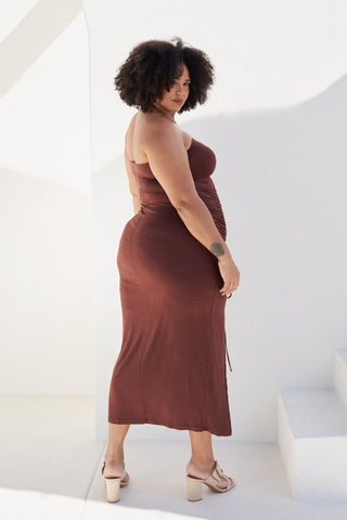 "Whitney" Bustier Ruched Maxi Dress in Chocolate