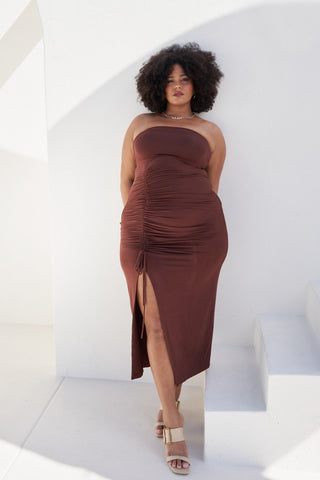 "Whitney" Bustier Ruched Maxi Dress in Chocolate