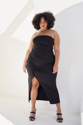 "Whitney" Bustier Ruched Maxi Dress in Black