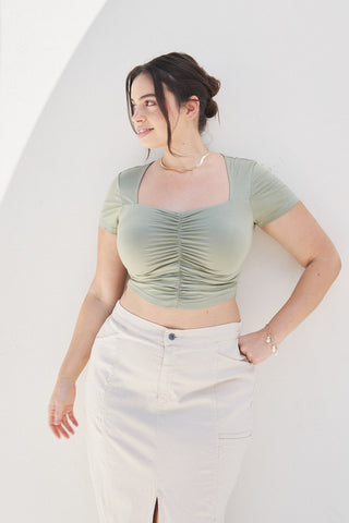 "Skylar” Ruched Baby Tee in Sage
