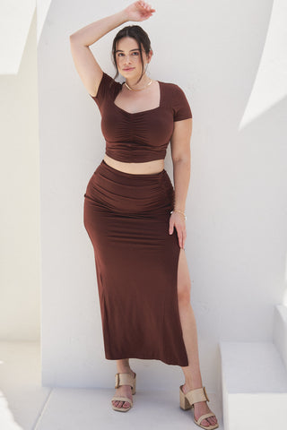 "Casey” Ruched Maxi Skirt in Chocolate