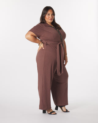 “Lucia" Knit Belted Jumpsuit in Acorn