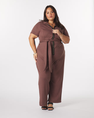 “Lucia" Knit Belted Jumpsuit in Acorn
