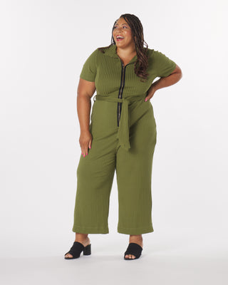 “Lucia" Knit Belted Jumpsuit in Olive