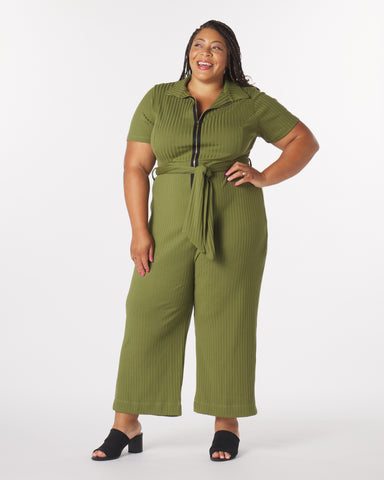 “Lucia" Knit Belted Jumpsuit in Olive