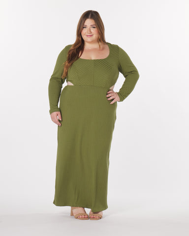 "Madeline” Knit Cut-Out Maxi Dress in Olive