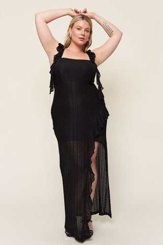"Maria” Lace Asymmetrical Ruffle Dress in Black