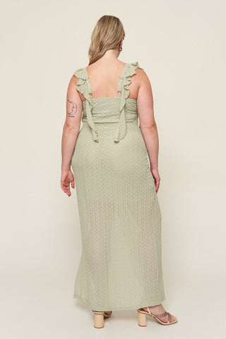 "Maria” Lace Asymmetrical Ruffle Dress in Sage