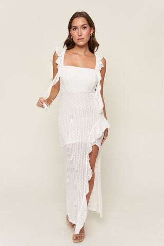 "Maria” Lace Asymmetrical Ruffle Dress in White