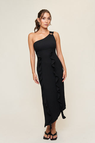 "Emily” One Shoulder O-Ring Dress in Black