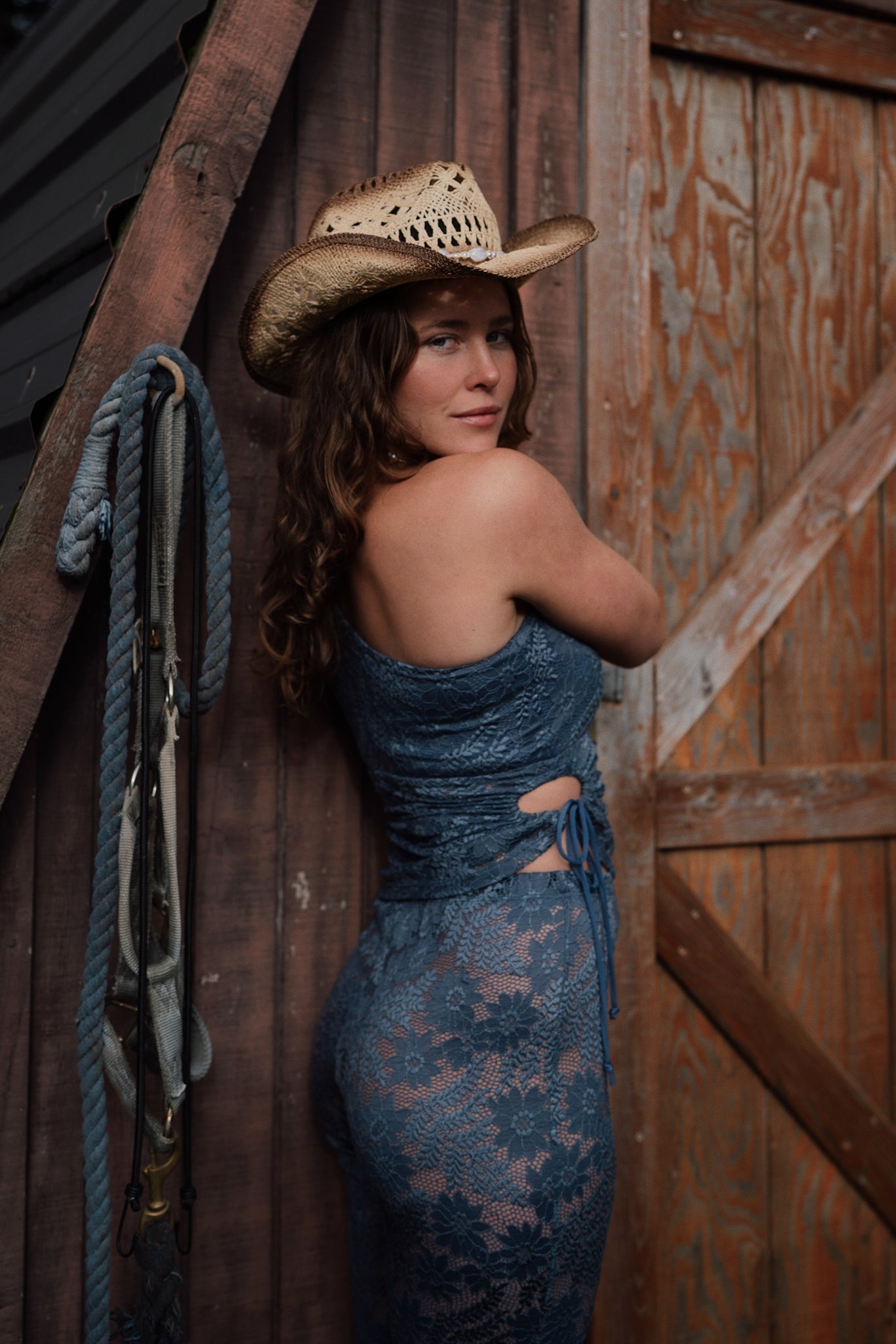 Carolina Lace One-Shoulder Top in Steel Blue What Lo Wants Carolina Lace One-Shoulder Top in Steel Blue What Lo Wants
