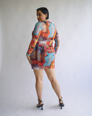“Kelly” Long Sleeve Mesh Mini Dress in Sicily Print