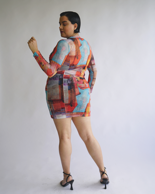 “Kelly” Long Sleeve Mesh Mini Dress in Sicily Print