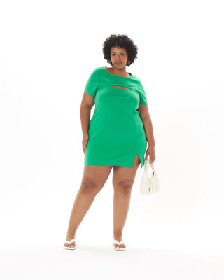 "Tara" Cotton A-Line Cut-Out Dress in Kelly Green