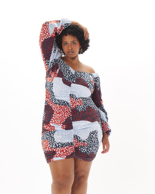 "Ana" Ruched Dress in Patchwork Animal